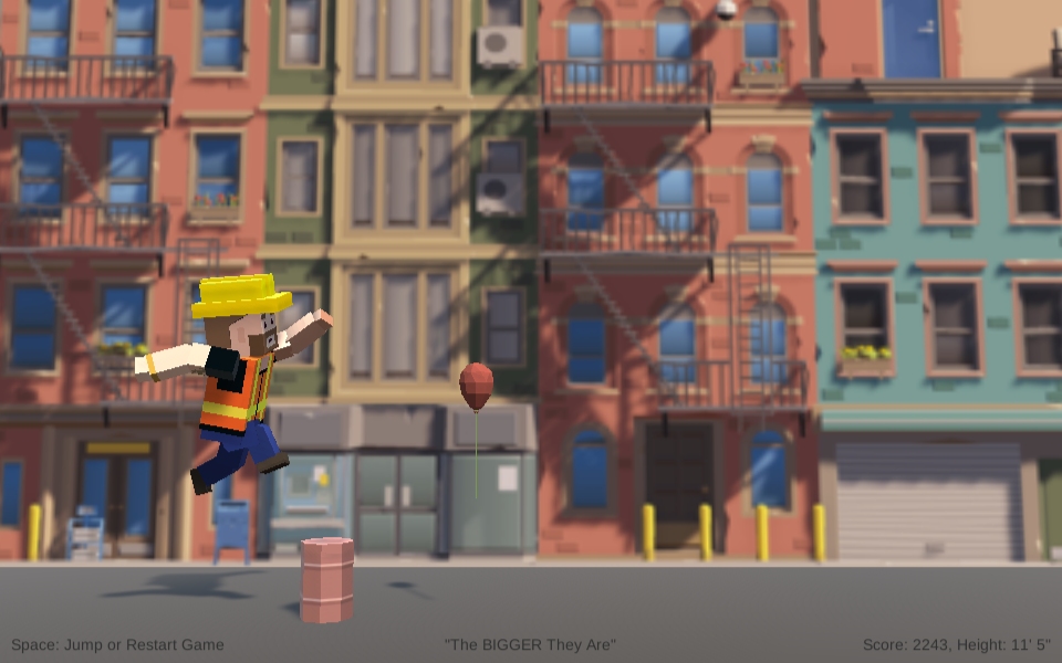 An oversized toy-like construction worker leaps an oil drum in from of a city street backdrop, reaching for a hovering balloon.